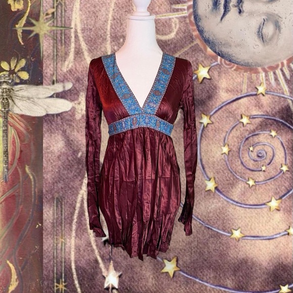 Vintage Dresses & Skirts - Vintage Y2K Deadstock Fairycore Whimsygoth Babydoll Empire Waist Burgundy Dress